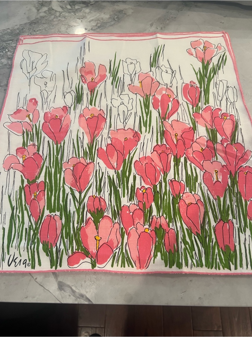 Vintage Vera Neumann pink floral napkins, set of 7 cottage core botanical linens